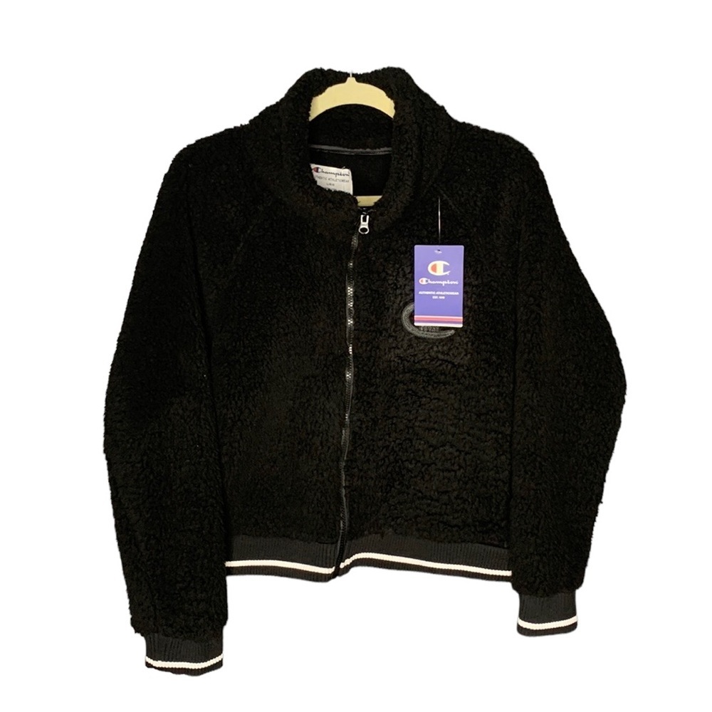 New! Champion Black Sherpa Cropped Jacket Full‎ Zip Size Large